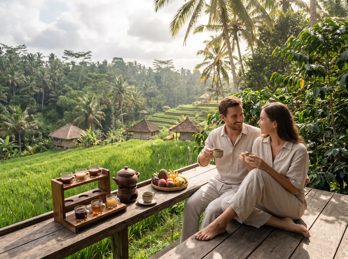 A couple tasting Balinese coffee at a jungle coffee plantation terrace