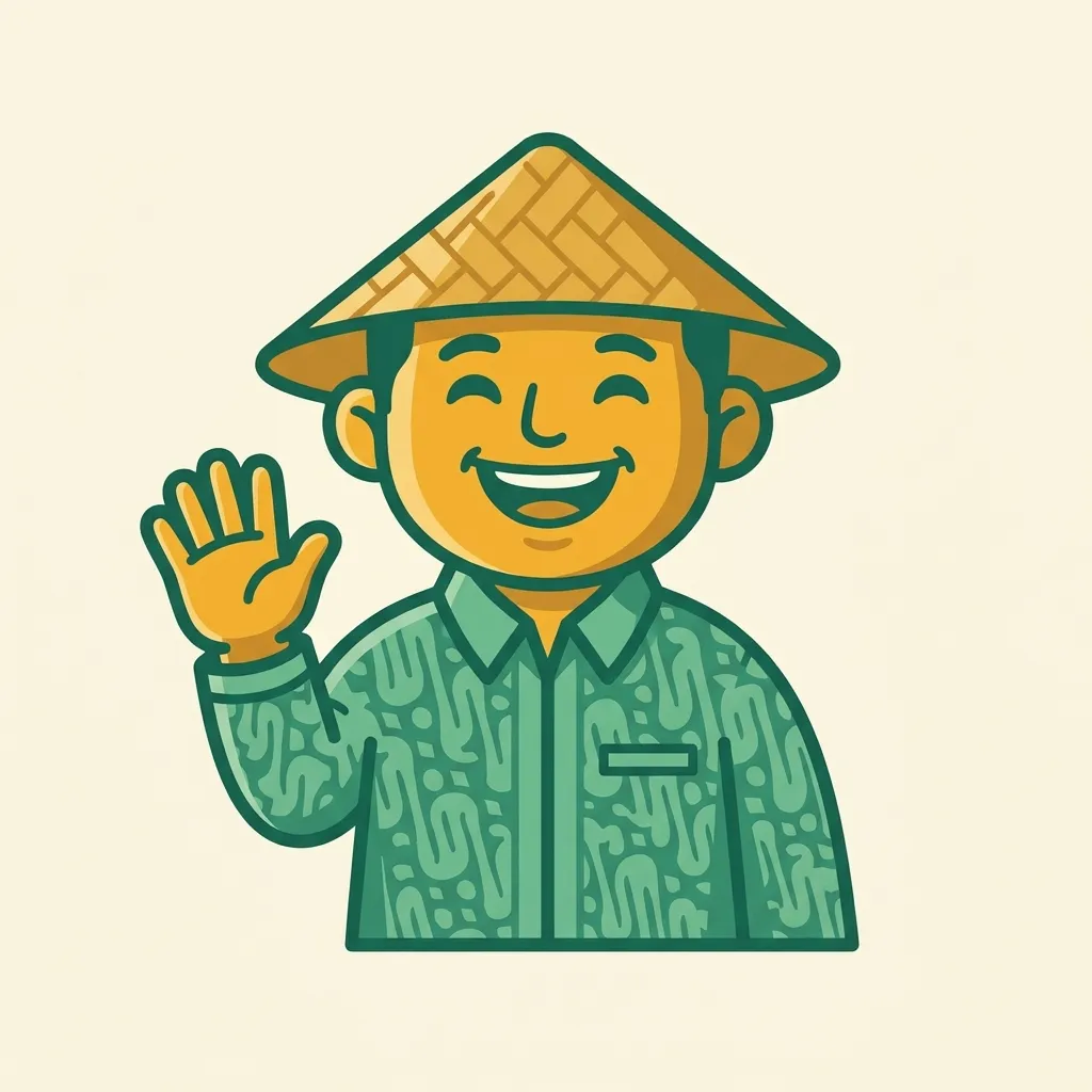 Friendly Bali Wheelman chauffeur mascot in a traditional straw farmer hat
