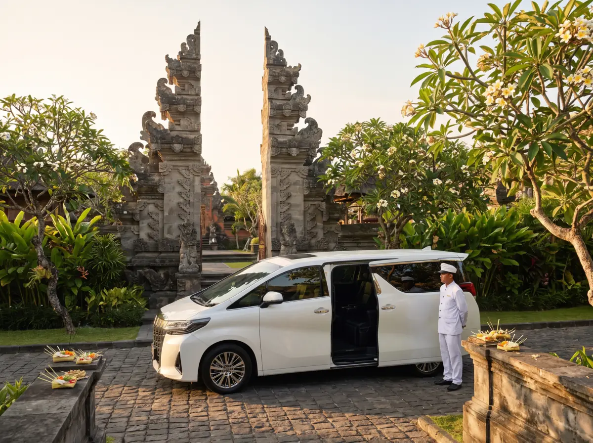 Traditional Balinese split-gate temple with the chauffeur car waiting